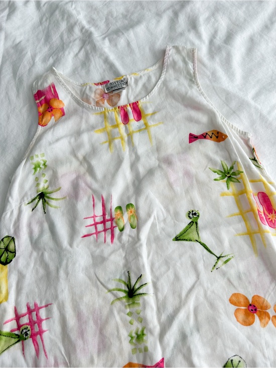 Vintage Dresses & Skirts - Cotton Connection 100% Linen White Tropical Print Mini Dress